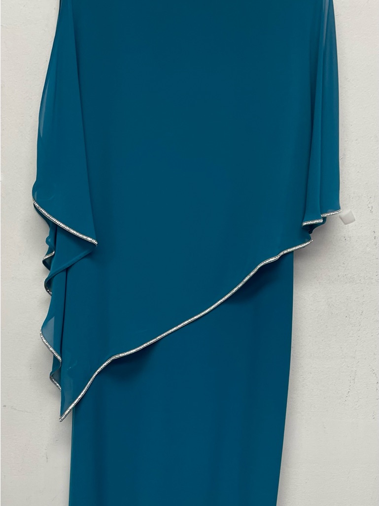 Joseph Ribkoff Teal Asymmetrical Overlay Dress With Silver Trim Size 16